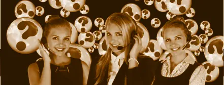 Ein Bild mit 3 Frauen, die ein Headset tragen Ein Bild mit 3 Frauen, die ein Headset tragen und viele Kugeln mit Fragezeichen